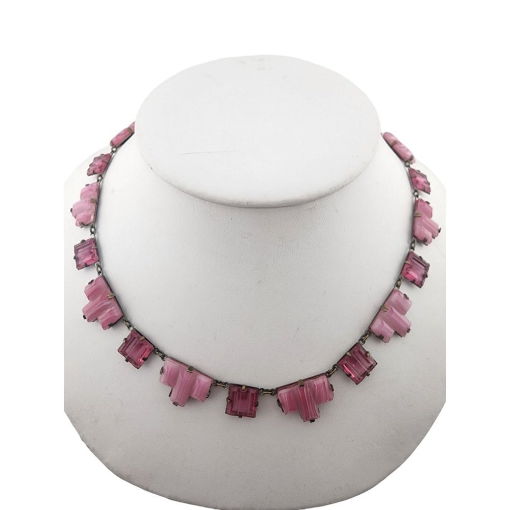 Antique Super Rare Opaque Striated & Clear Art Deco Vauxhall Necklace (A3270)
